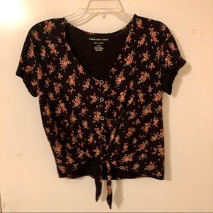 American Eagle Floral Sleeve Button Front T-Shirt